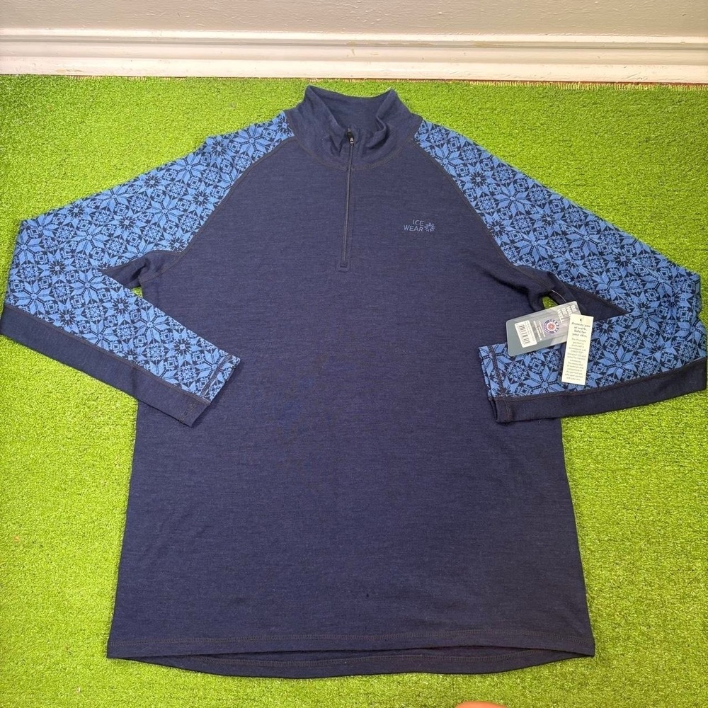 Ice Wear Mens XL Blue 1/4 Zip Pullover Blue Geometric Pattern Long Sleeve